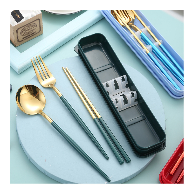 Customizable Logo/Box camping cutlery set fork knife and spoon chopsticks set stainless steel cutlery with wheat box