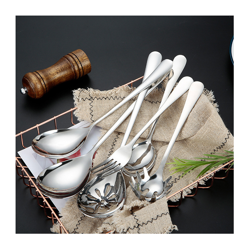 Low Price Restaurant Tableware Serving Utensils 304 Silver Large Spoon Public Fork Flatware Stainless Steel Serving Cutlery