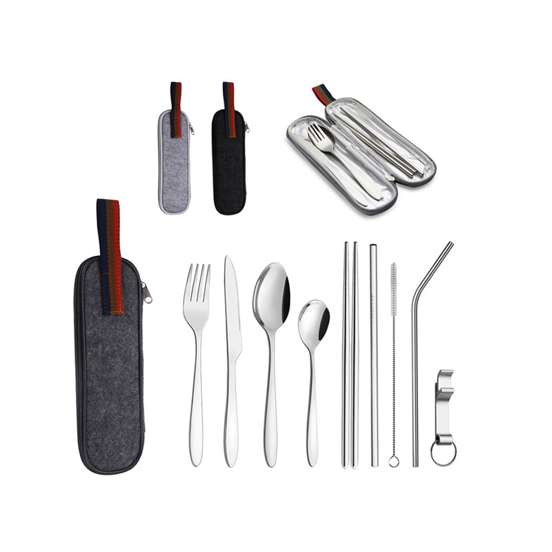 Camping Utensil Metal Set Portable Knives Fork Straw Spoon Chopstick Set Travel Cutlery Set With Storage Case