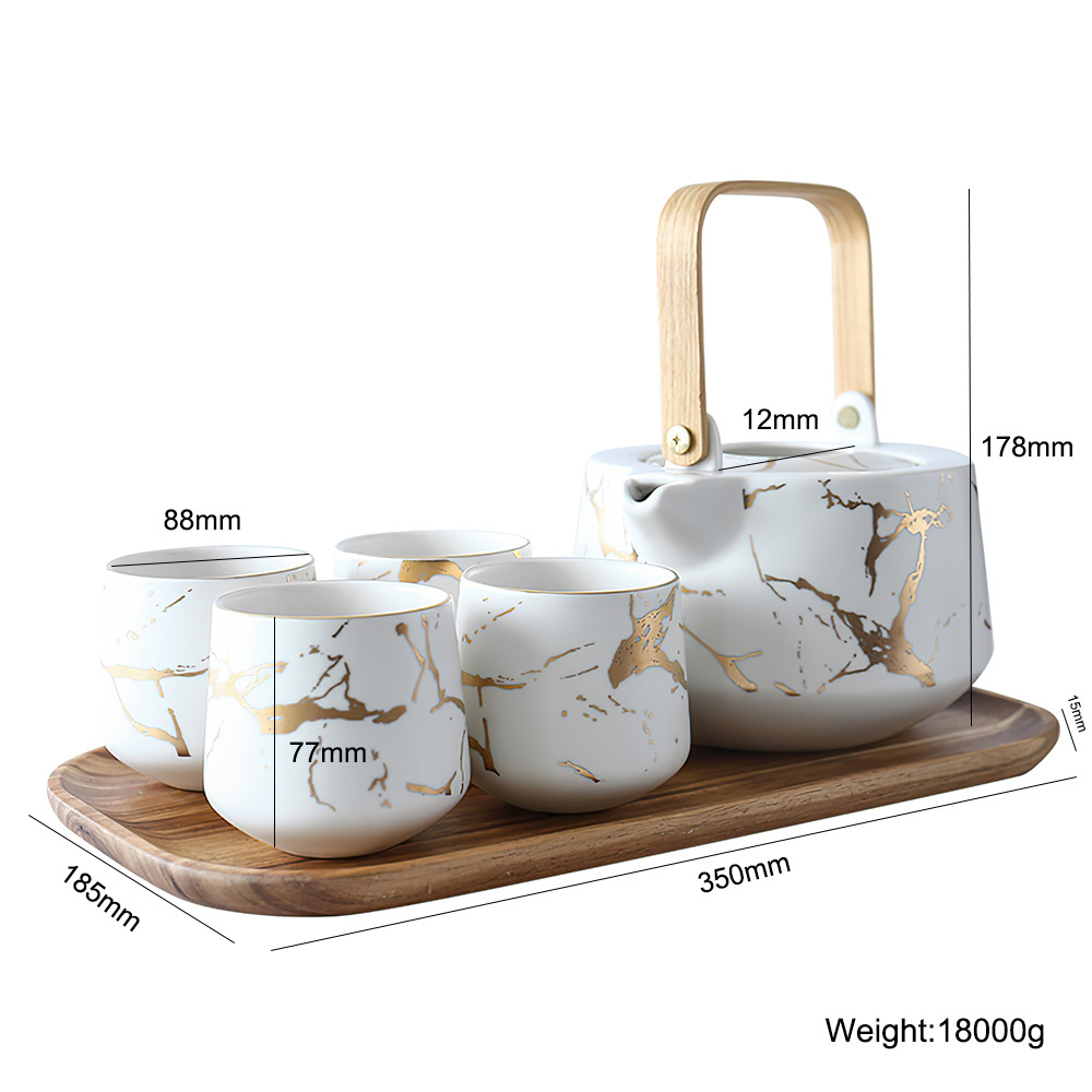 Wholesale Price Customized Japanese Style Marbling Porcelain Tea Cup Set 4Pcs Tea Pot and Cup Sets Ceramic Teapot Set