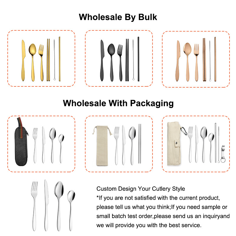 Camping Utensil Metal Set Portable Knives Fork Straw Spoon Chopstick Set Travel Cutlery Set With Storage Case