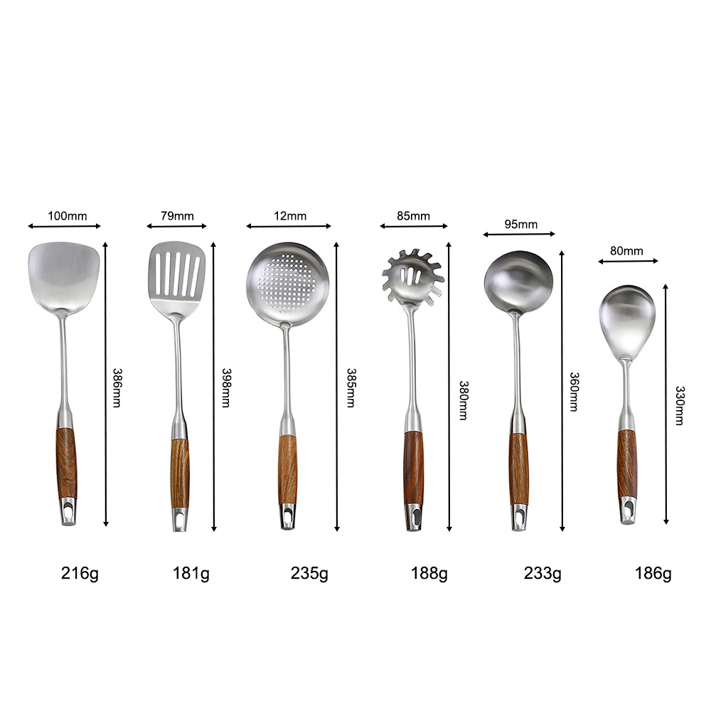 Low price customizable stainless steel  7pcs kitchen tools set cooking utensils wooden handle cooking tools sets