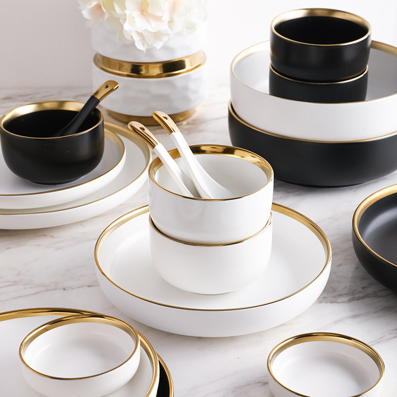 Customization Nordic Style Black White Porcelain Tableware Set Gold Rim Dish Plates Porcelain Dinner Crockery Dinnerware Sets