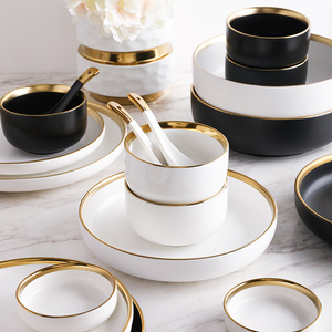 Customization Nordic Style Black White Porcelain Tableware Set Gold Rim Dish Plates Porcelain Dinner Crockery Dinnerware Sets