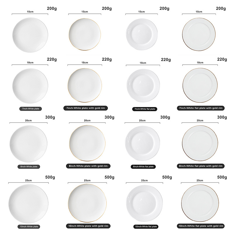 Bulk OEM/ODM Ceramic Decal Glazed White Ceramic Dinner Plate With Gold Rim Bone China Round Flat Plate for weddings