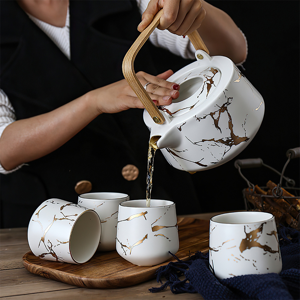 Wholesale Price Customized Japanese Style Marbling Porcelain Tea Cup Set 4Pcs Tea Pot and Cup Sets Ceramic Teapot Set