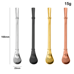 Low price custom logo 2 in 1 reusable silver straw filter spoon cutlery stainless steel drinking coffee straw with spoon filter