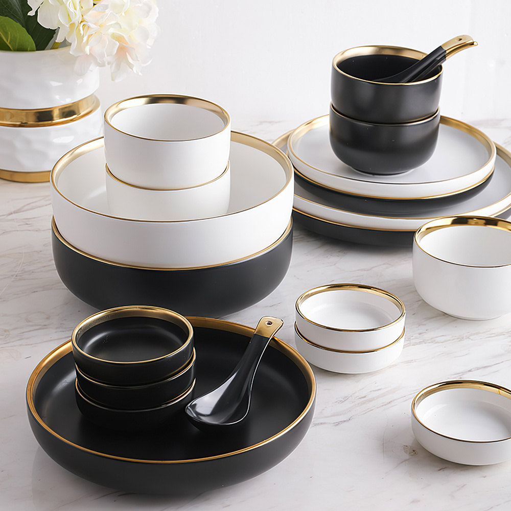 Customization Nordic Style Black White Porcelain Tableware Set Gold Rim Dish Plates Porcelain Dinner Crockery Dinnerware Sets