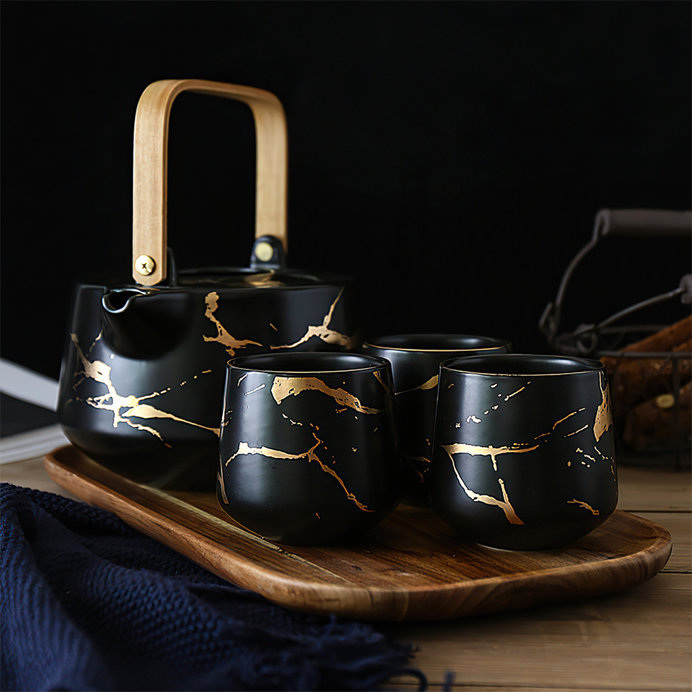 Wholesale Price Customized Japanese Style Marbling Porcelain Tea Cup Set 4Pcs Tea Pot and Cup Sets Ceramic Teapot Set