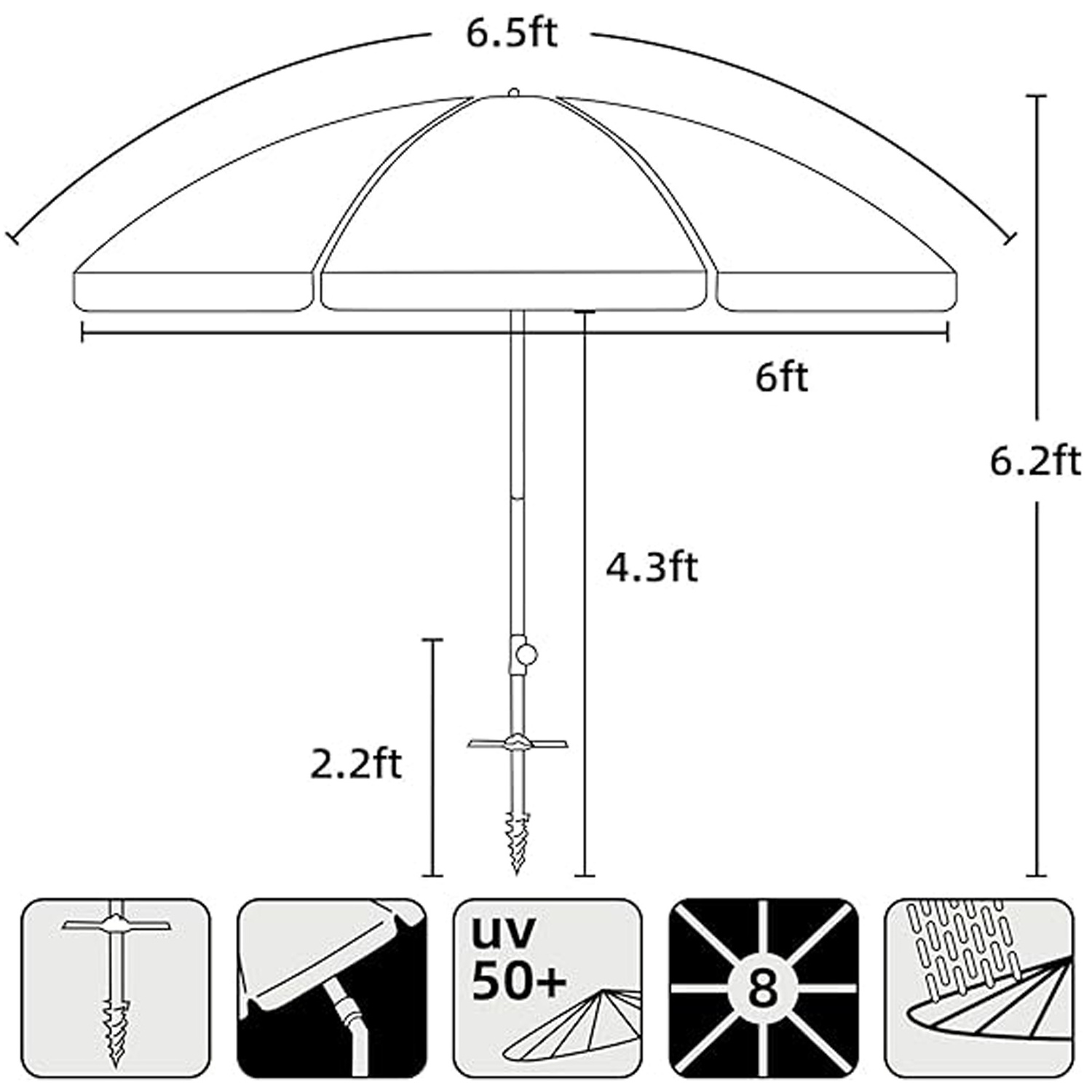 Factory Custom Logo UV Resistant Shelter 6.5 FT Arc Garden Lawn Foldable Outdoor Sun Beach Parasol Umbrella With Tilt And Anchor