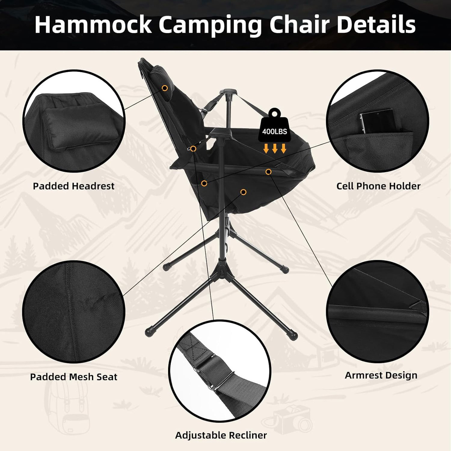 Factory Supply Adjustable Folding Swing Outdoor Use Hammock Camping Chair for Adults Chair