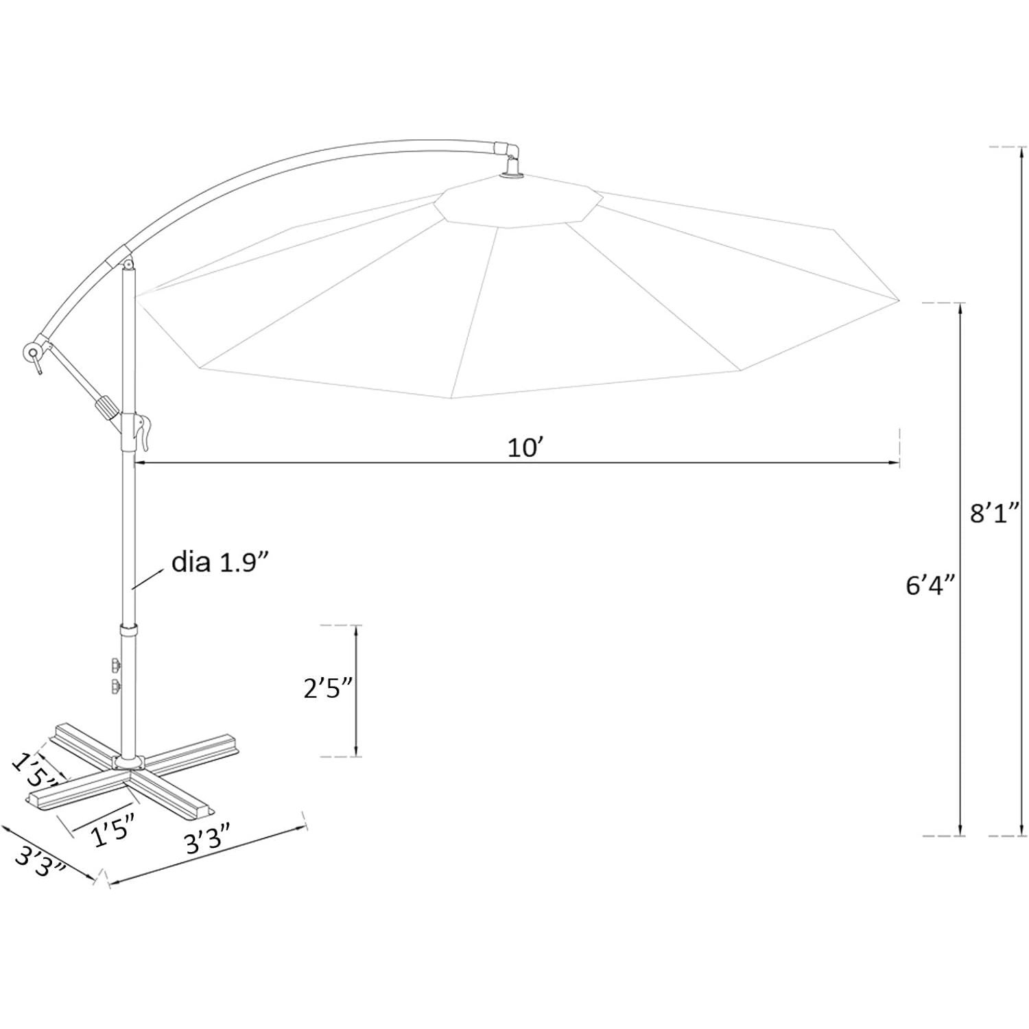 10 ft Garden Offset Outdoor Patio Umbrella with Cross Base Stand