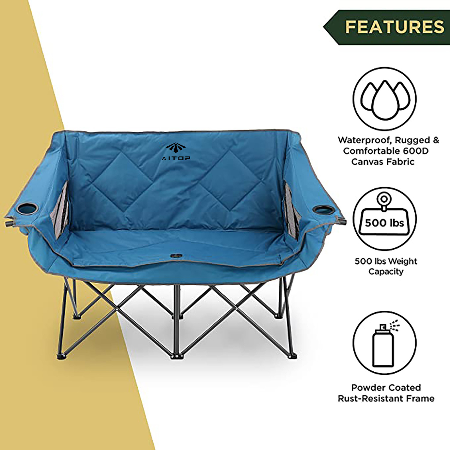 Factory Custom Logo Heavy Duty Outdoor Lightweight Quick Open Double Seat 2 Person Folding Love Seat Camping Chair