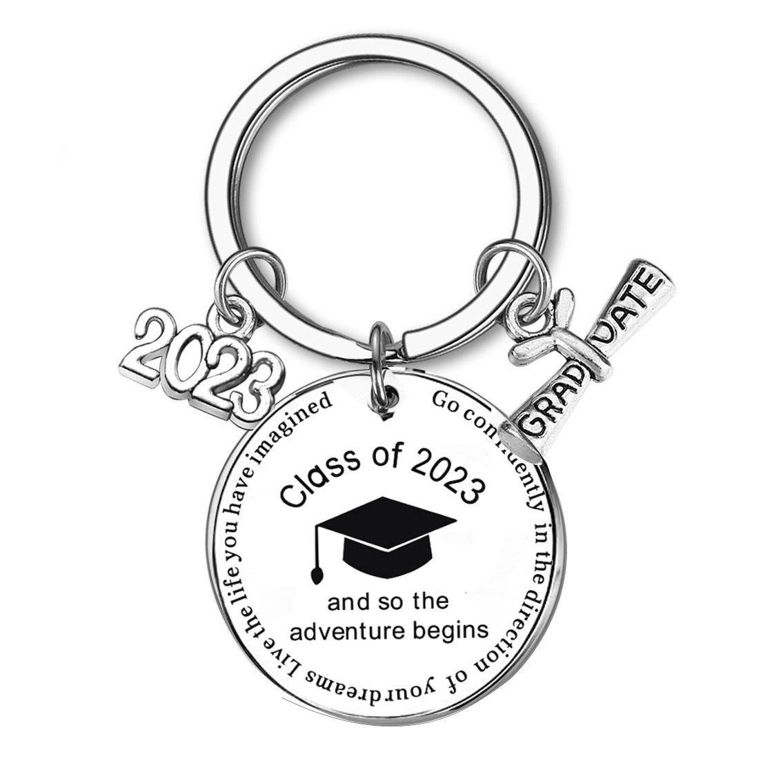 New Arrival Stainless Steel 2023 Graduation Season Keyring Scroll Inspirational Words Keychain For Students Teacher Gift