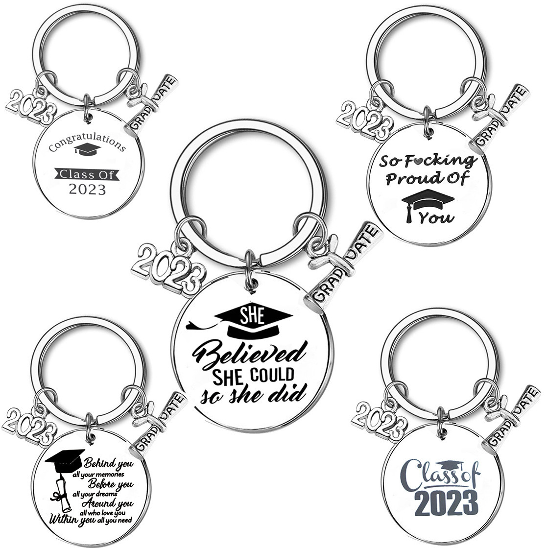 New Arrival Stainless Steel 2023 Graduation Season Keyring Scroll Inspirational Words Keychain For Students Teacher Gift