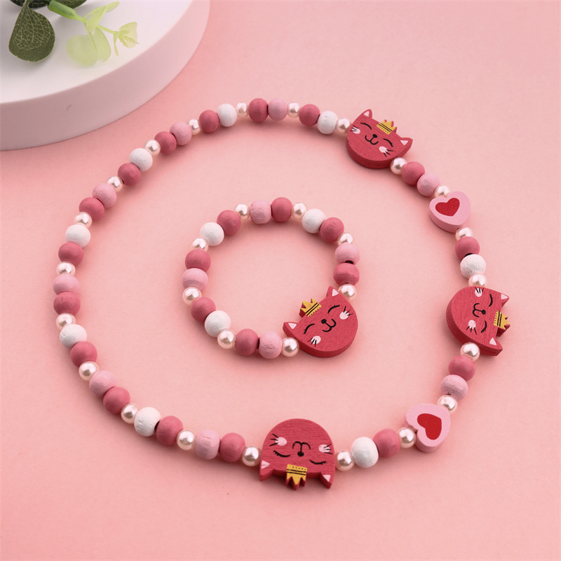 Customized Wholesale Cute Pink Kitten Children Wooden Bead Bracelet Necklace Jewelry