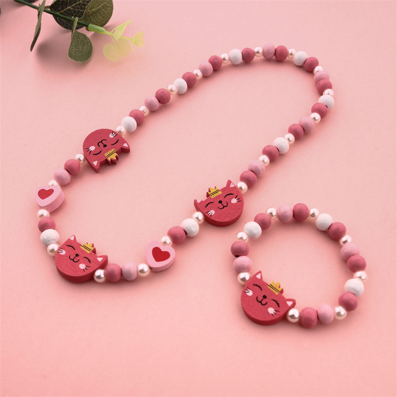 Customized Wholesale Cute Pink Kitten Children Wooden Bead Bracelet Necklace Jewelry