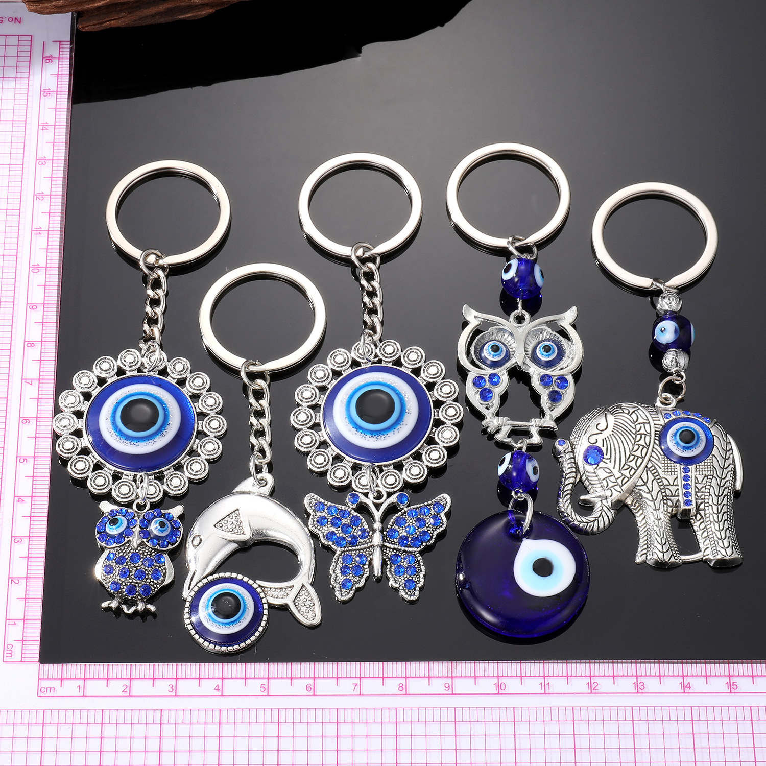 Bohemian Blue Evil Eye Keychain Crystal Lucky Charms Elephant Butterfly Owl Dolphin Pendant For Car Key Holder