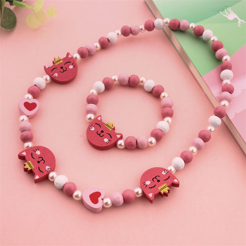 Customized Wholesale Cute Pink Kitten Children Wooden Bead Bracelet Necklace Jewelry