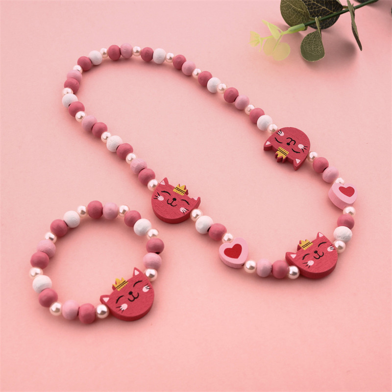 Customized Wholesale Cute Pink Kitten Children Wooden Bead Bracelet Necklace Jewelry