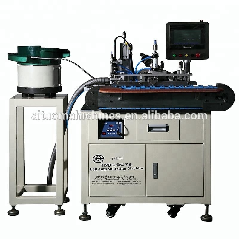 Automatic cable cutting stripping and soldering machine for USB cables, micro USB, iphone data cable manufacturing machine