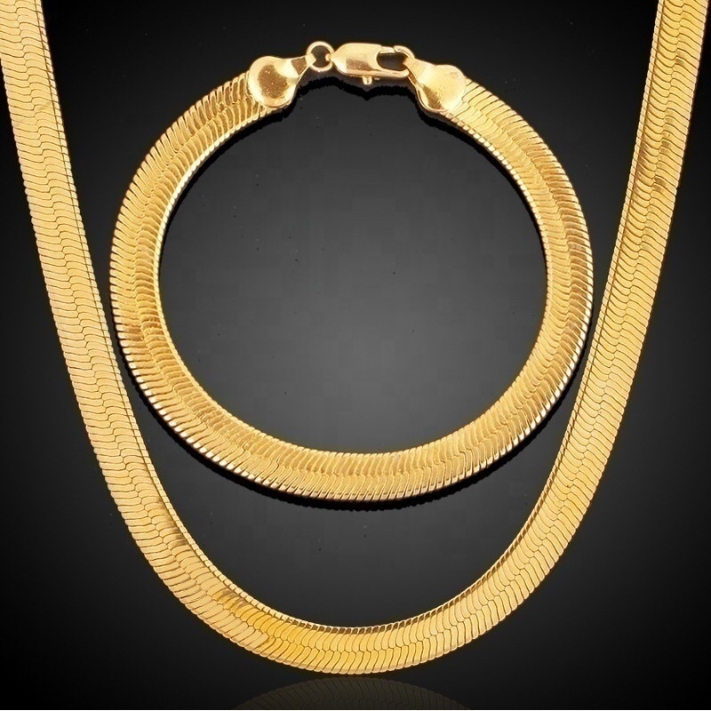 Custom brass Gold Plated Flexible Silky Flat Snake Chain Stainless Steel Chunky Herringbone Chain 6mm Wide 18inch chain for men