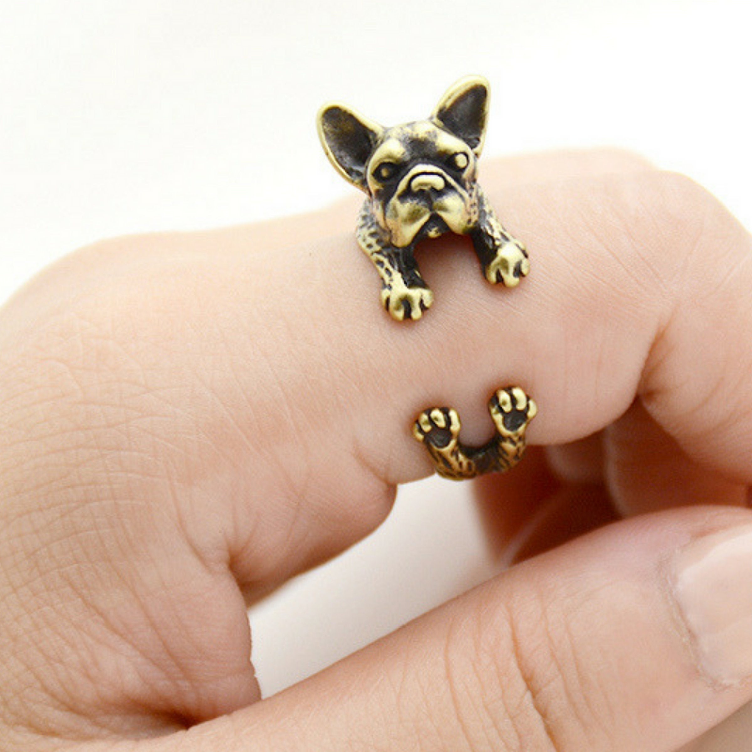 Wholesale fashion open adjustable finger rings vintage antique black old gold plated french bulldog ring