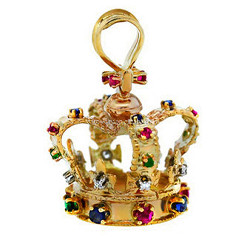 YELLOW GOLD FASHION CROWN JEWELRY WITH DIAMOND, SAPPHIRE, EMERALD AND RUBY PENDANT