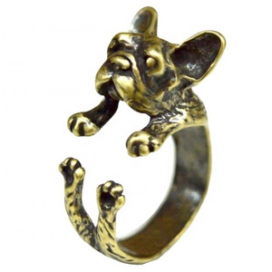 Wholesale fashion open adjustable finger rings vintage antique black old gold plated french bulldog ring