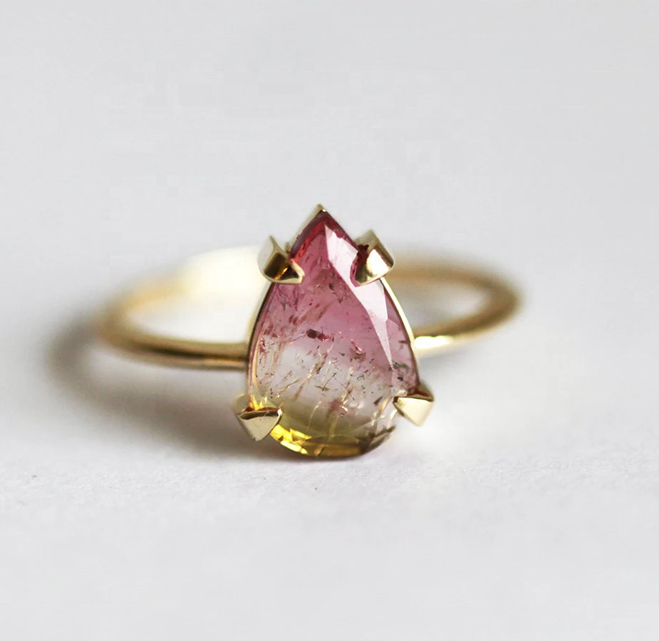 Manufacturer gemstone cz rings real 18k yellow gold plated 925 sterling silver watermelon tourmaline ring