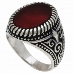 Turkey Style No Tarnish Dainty 925 Sterling Silver Men Red Agate Engraved Arabic Fashion Jewelry Rings