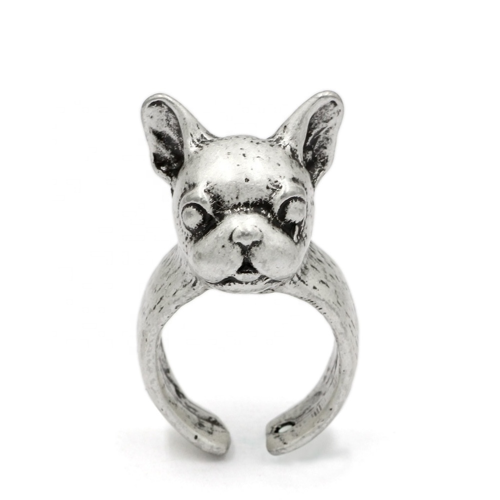 Wholesale fashion open adjustable finger rings vintage antique black old gold plated french bulldog ring