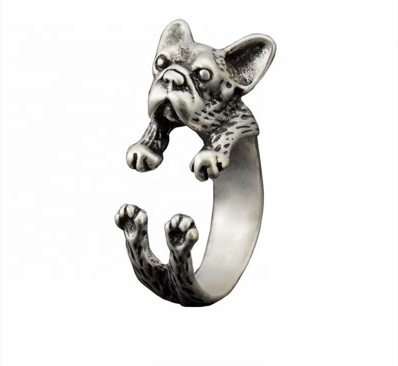 Wholesale fashion open adjustable finger rings vintage antique black old gold plated french bulldog ring