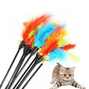 Funny Kitten Teaser Interactive Toy Rod with Bell Feather Toys Random Color For Pet Cats Stick Wire Chaser Wand Toy