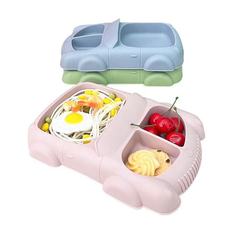 Children Dinnerware Food Grade Bpa Free Divided Kids Silicone Suction Plate Car Shape Baby Feeding Plate