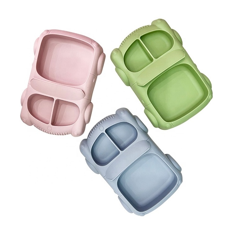 Children Dinnerware Food Grade Bpa Free Divided Kids Silicone Suction Plate Car Shape Baby Feeding Plate