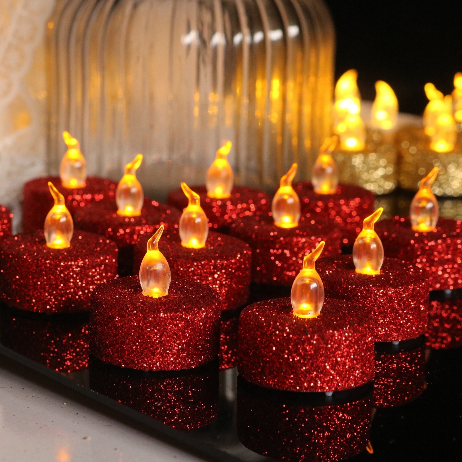 12pc/box Glitter Golden Shell Flameless Tea Light Candles Valentine's Day Decoration LED Electronic Candle