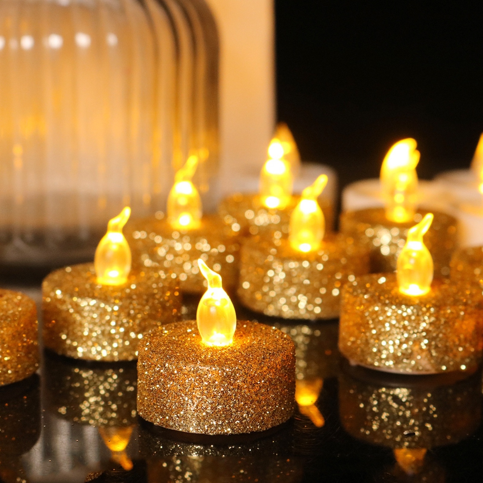 12pc/box Glitter Golden Shell Flameless Tea Light Candles Valentine's Day Decoration LED Electronic Candle