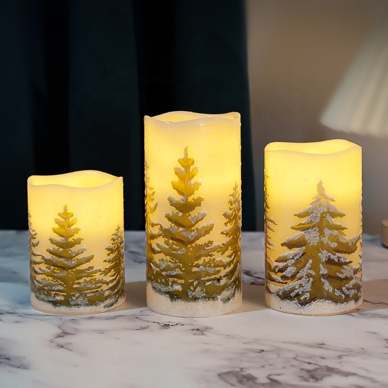 Green Christmas Tree Pattern Printing LED Candle Real Wax Flickering Batteries Christmas LED Candle