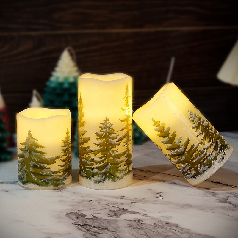 Green Christmas Tree Pattern Printing LED Candle Real Wax Flickering Batteries Christmas LED Candle