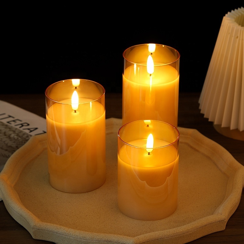 Large LED Clear Amber Glass Candle Set with Remote Control LED Pillar Flameless Candles for Home Decor