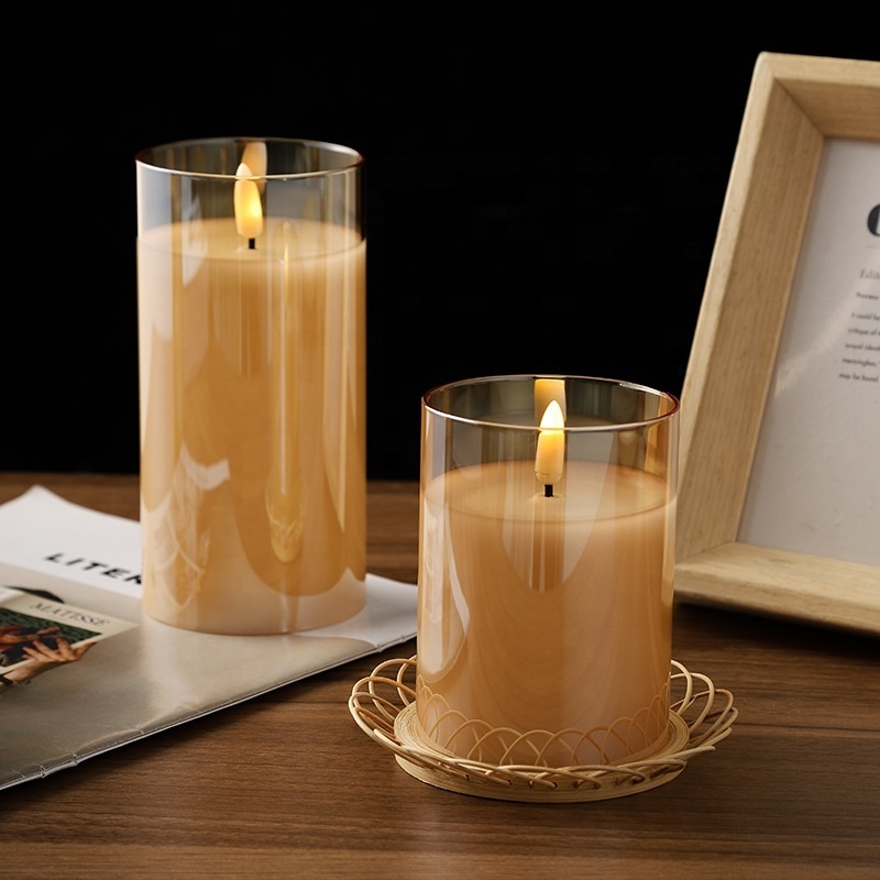 Large LED Clear Amber Glass Candle Set with Remote Control LED Pillar Flameless Candles for Home Decor