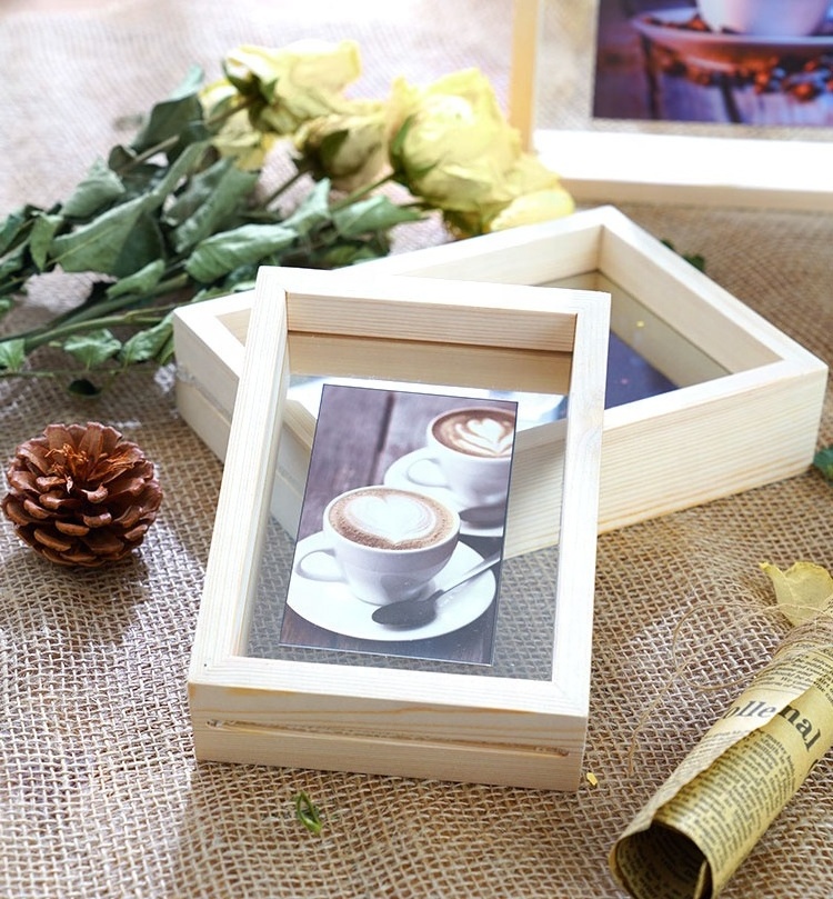 6 inches Transparent double sided glass picture wooden frame and acrylic floating photo frame wall art