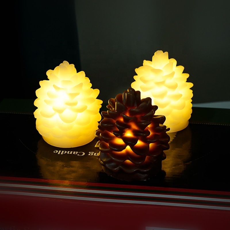 Real Wax Pinecone Electronic Candle Lights Flameless Realistic Led Flickering Candle For Christmas