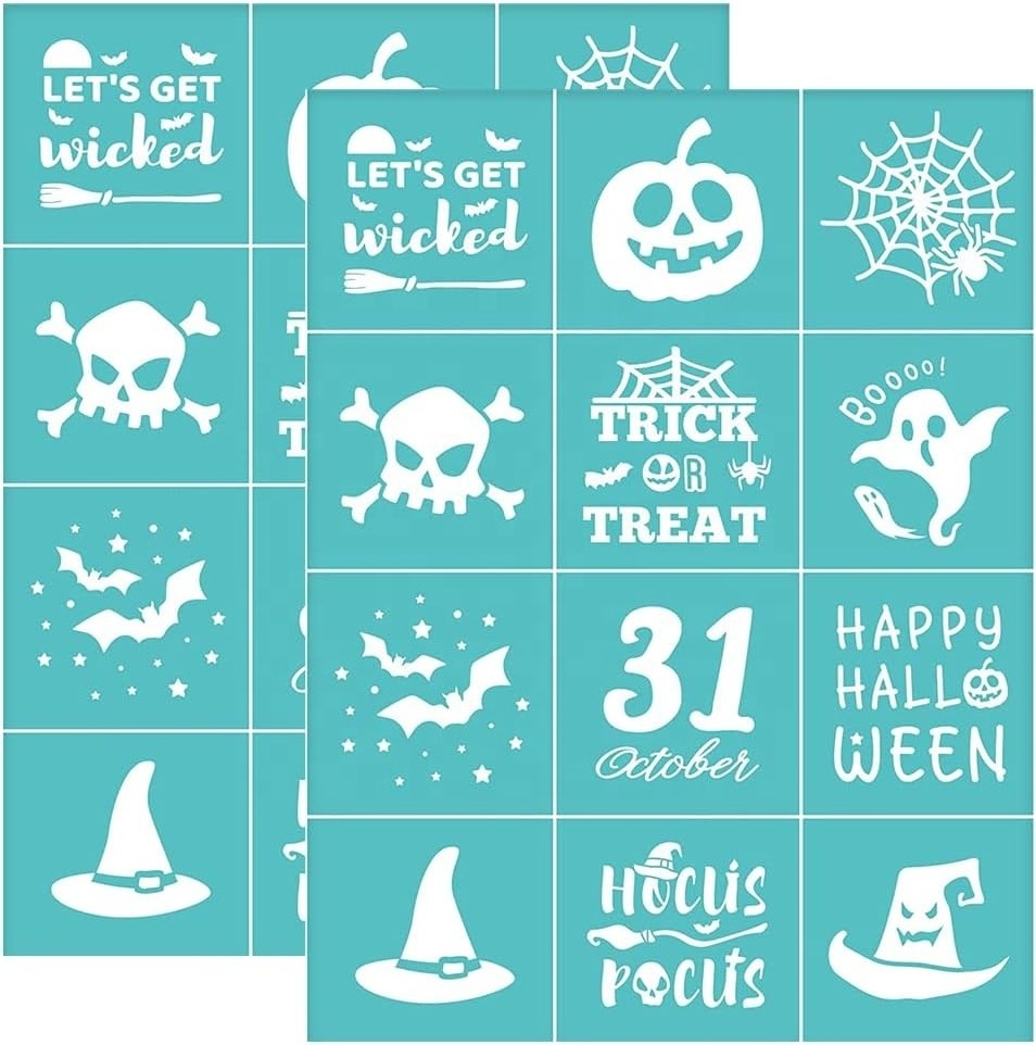 Halloween Silk Screen Stencil Pumpkin Skull Bat Hat Mesh Transfer Stencil for Painting on Wood Fabric T-Shirt Wall and Home