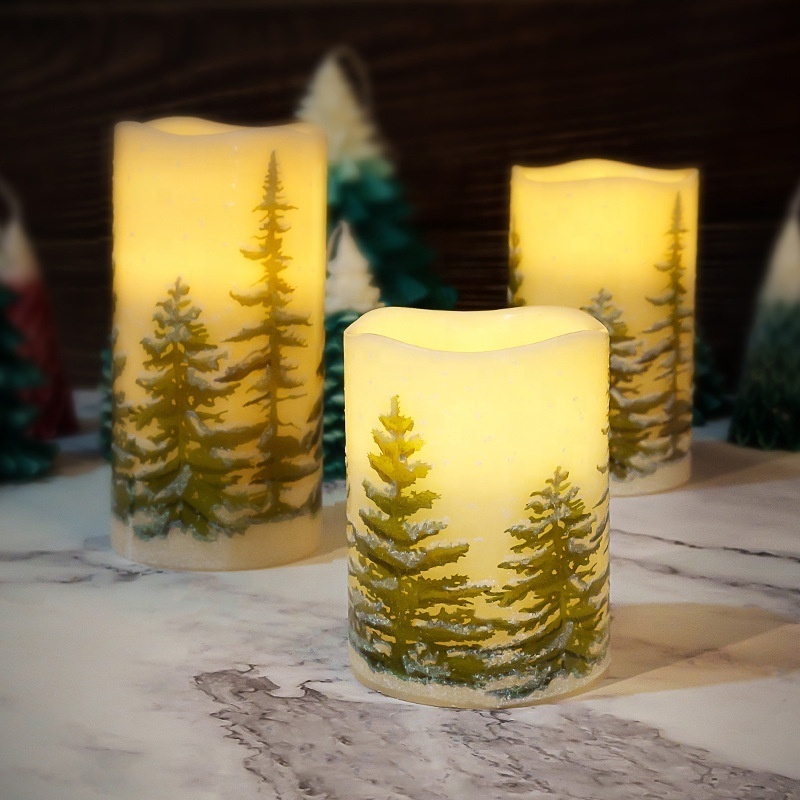 Green Christmas Tree Pattern Printing LED Candle Real Wax Flickering Batteries Christmas LED Candle