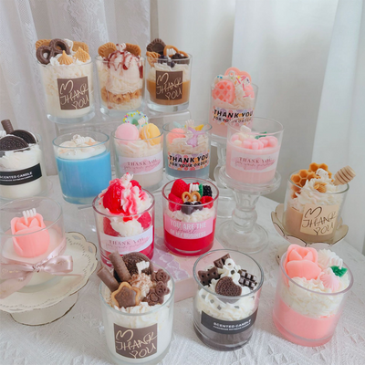 Hot Sale Handmade DIY Soy Wax Ice Cream Candle with Glass Cup Cute Food Candle Dessert Candle Gift