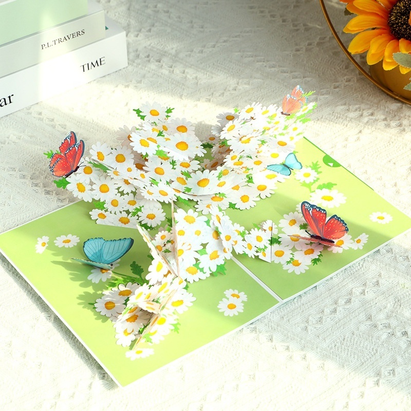 Daisy Flowers Butterfly Pop Up Cards 3D Flower Greeting Cards for Mother's Day, Birthday