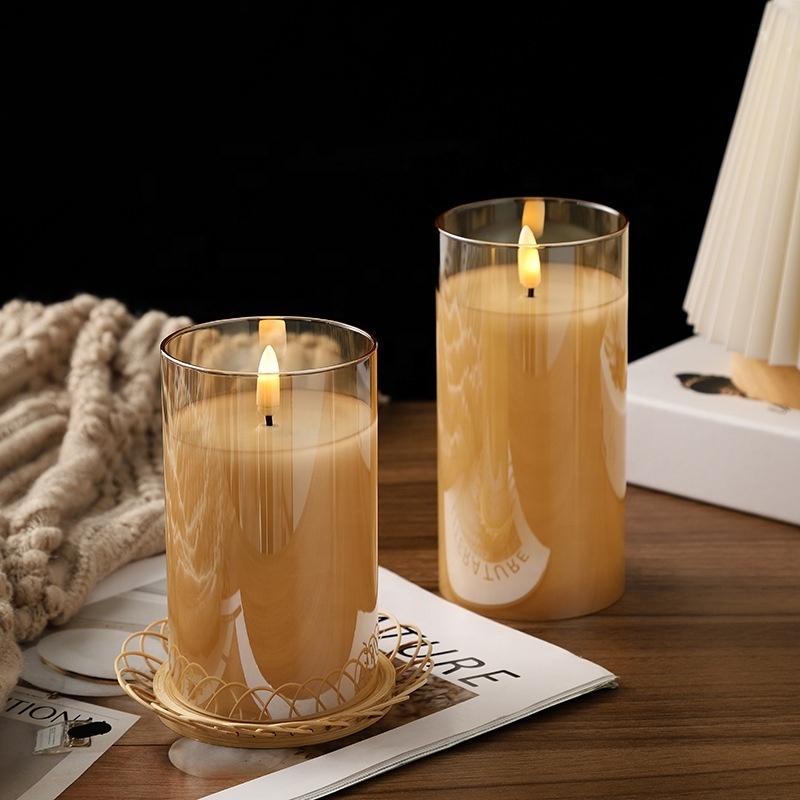 Large LED Clear Amber Glass Candle Set with Remote Control LED Pillar Flameless Candles for Home Decor