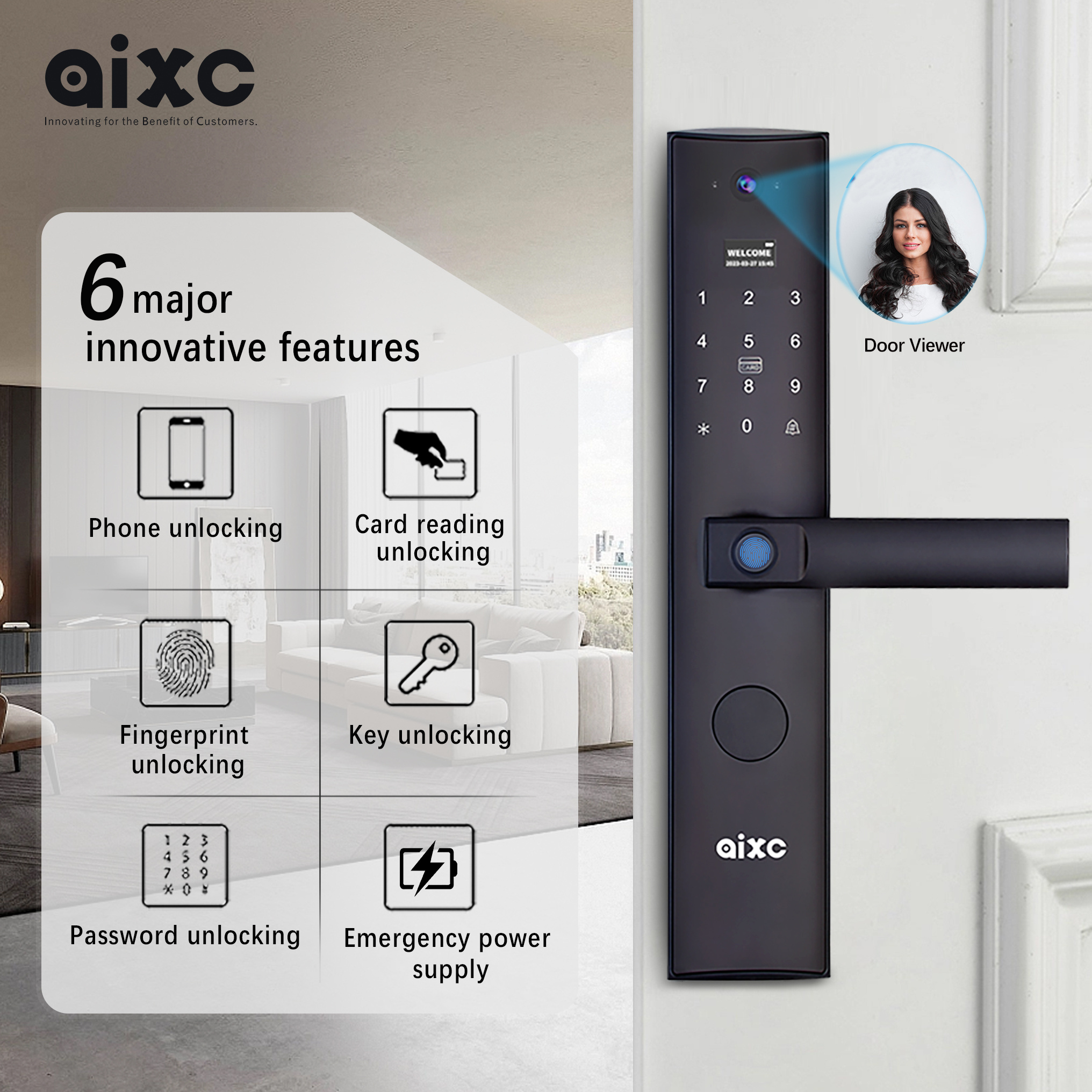 AIXC Home Security Intelligent Fingerprint Smart Deadbolt Lock ring door bell camera aluminum wireless tuya app control ttlock